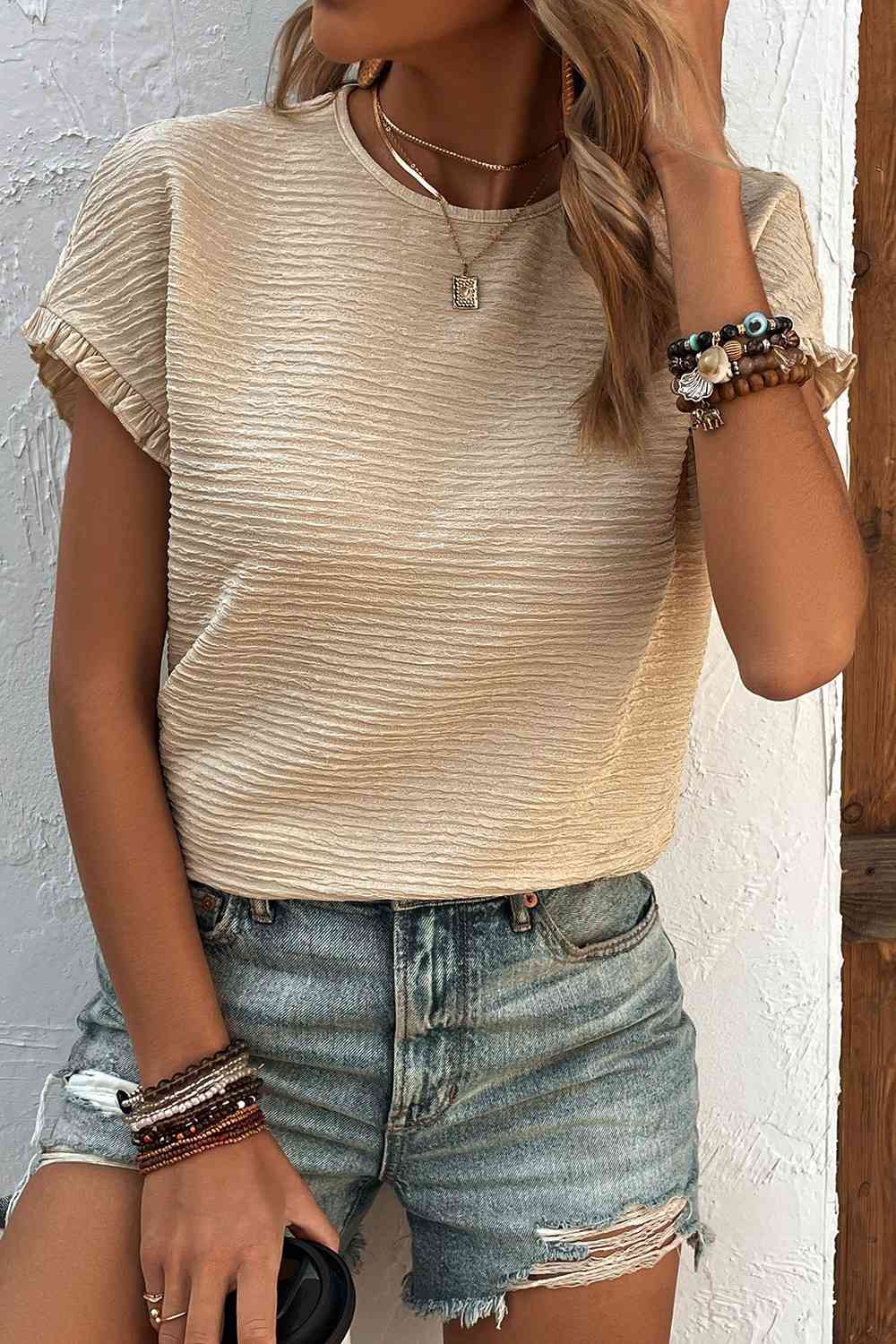Textured Round Neck - Short-Sleeves Top (7501317767256)