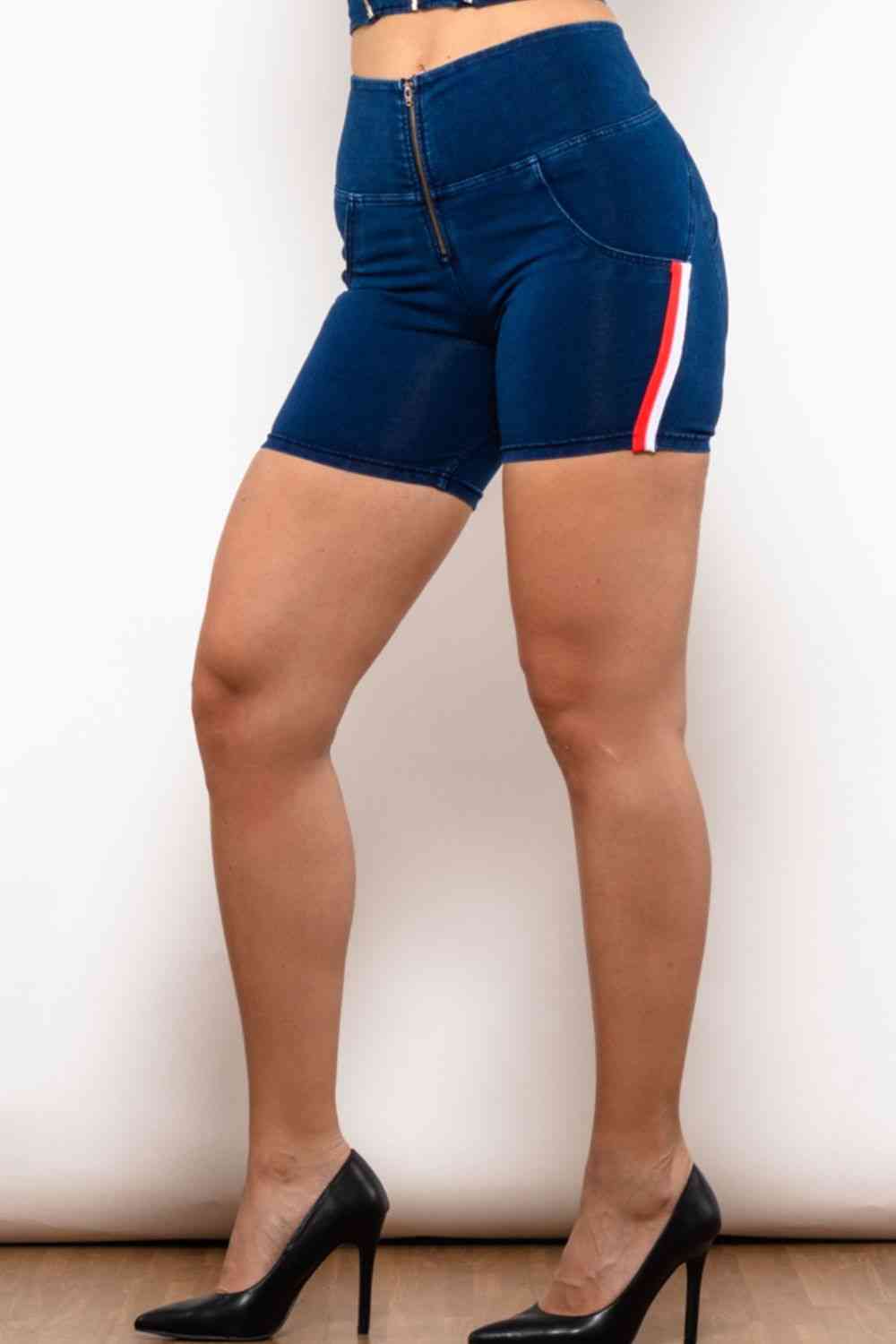 Apple/Mac Shorts - Full Size Side Stripe Zip Closure Denim Shorts (7486617944152)