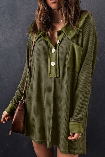 With Pocket - Waffle Knit Buttoned Long Sleeves Top (7501322911832)
