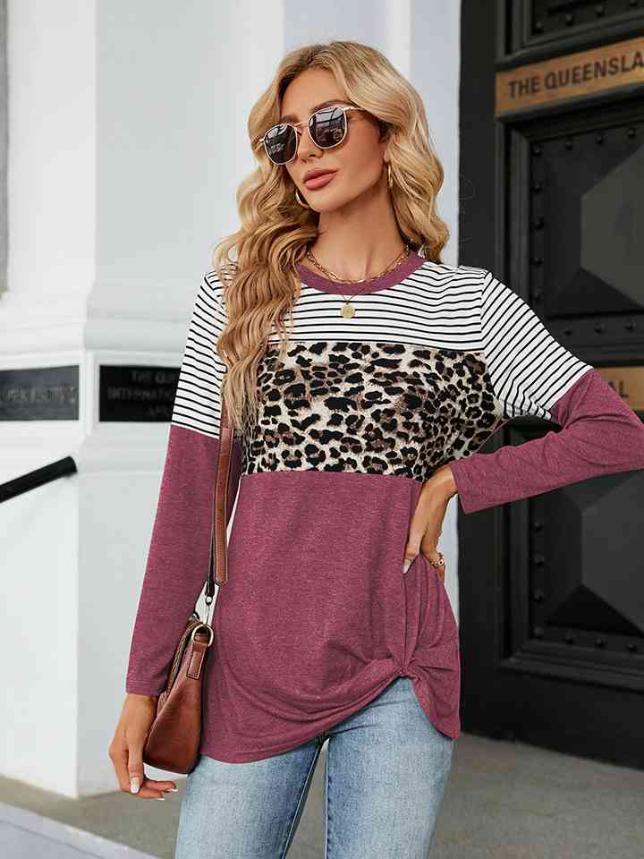 Leopardcheetahprint - Color Block Round Neck Long Sleeve Blouse (7501317439576)