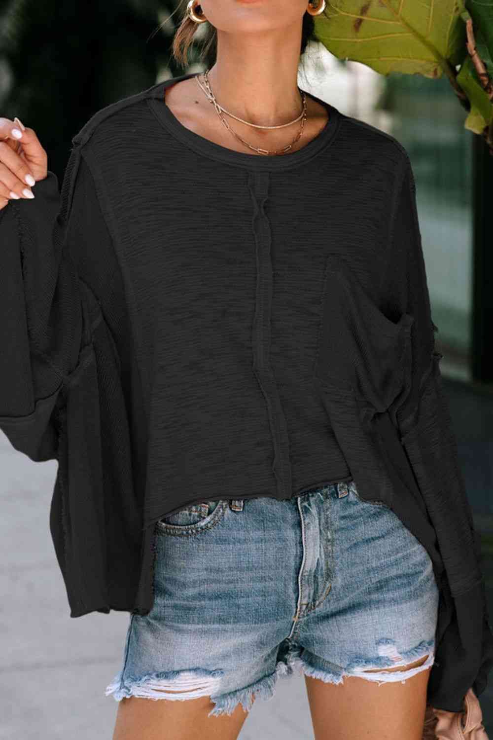 Kind-a Blouse - Exposed Seam Round Neck Top With Pocket (7501317308504)