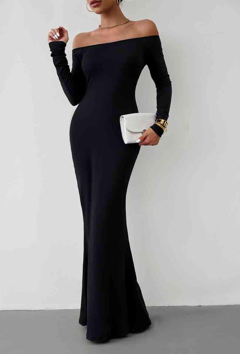 Off-Shoulder Long Sleeves Maxi Dress (7515555037272)