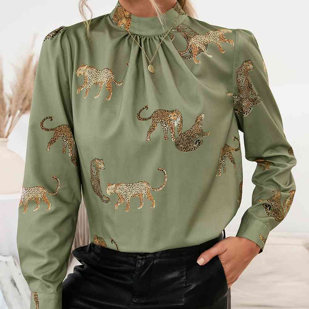 Leopard Graphics - Mock Neck Puff Sleeve Blouse (7501318488152)