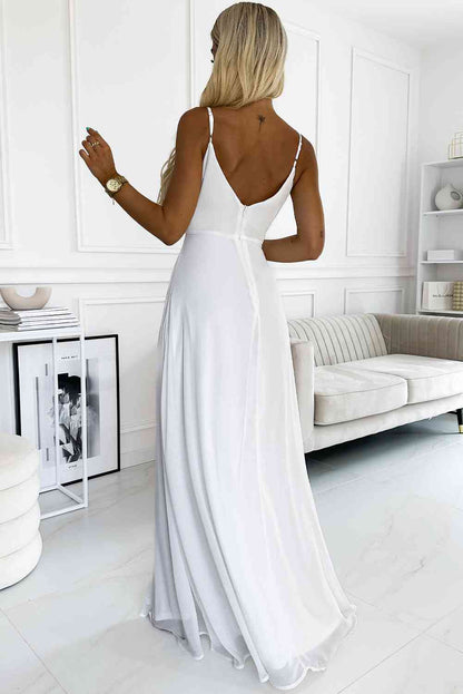 White Dresses - Spaghetti Strap Sweetheart Neck Split Dress (7515491631192)