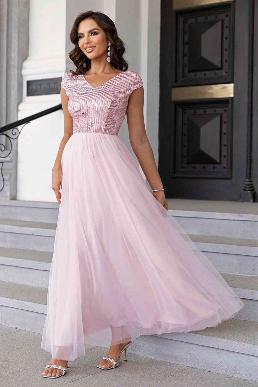 Sequin V-Neck Mesh Maxi Dress (7515520761944)
