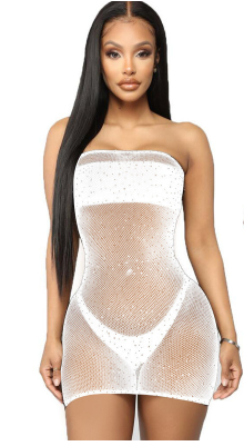 Starry Rhine - Chest-Wrapped Rhinestone Fishnet Lingerie Dress (7517838442584)