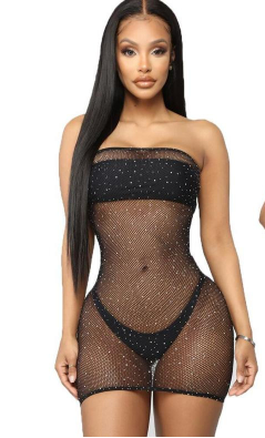Starry Rhine - Chest-Wrapped Rhinestone Fishnet Lingerie Dress (7517838442584)