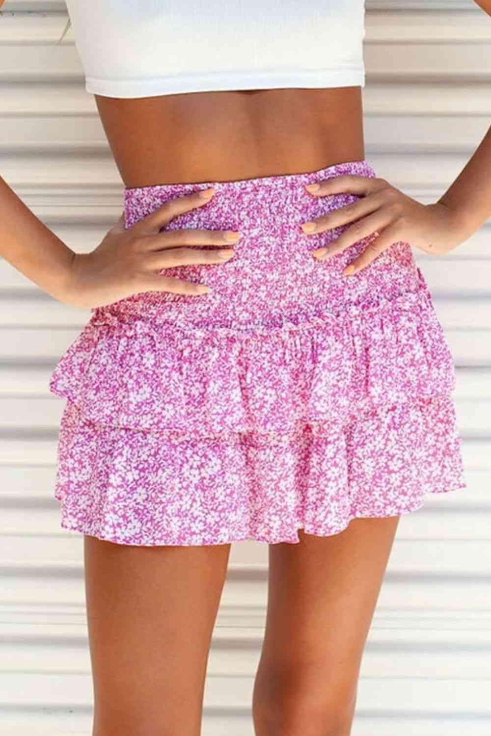 Printed Frill Trim Smocked Mini Skirt (7500878348376)