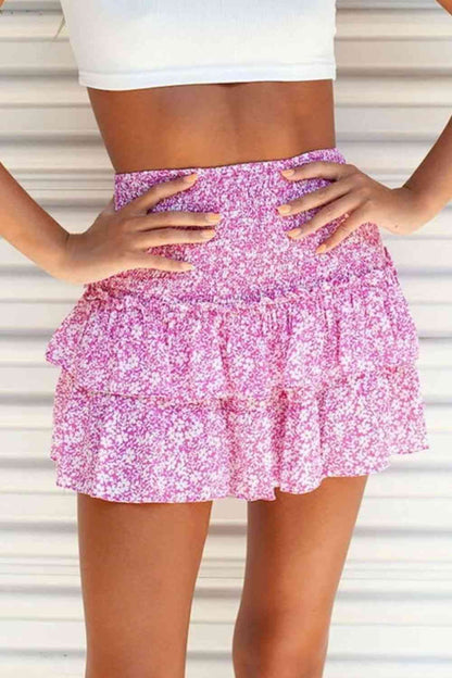 Printed Frill Trim Smocked Mini Skirt (7500878348376)