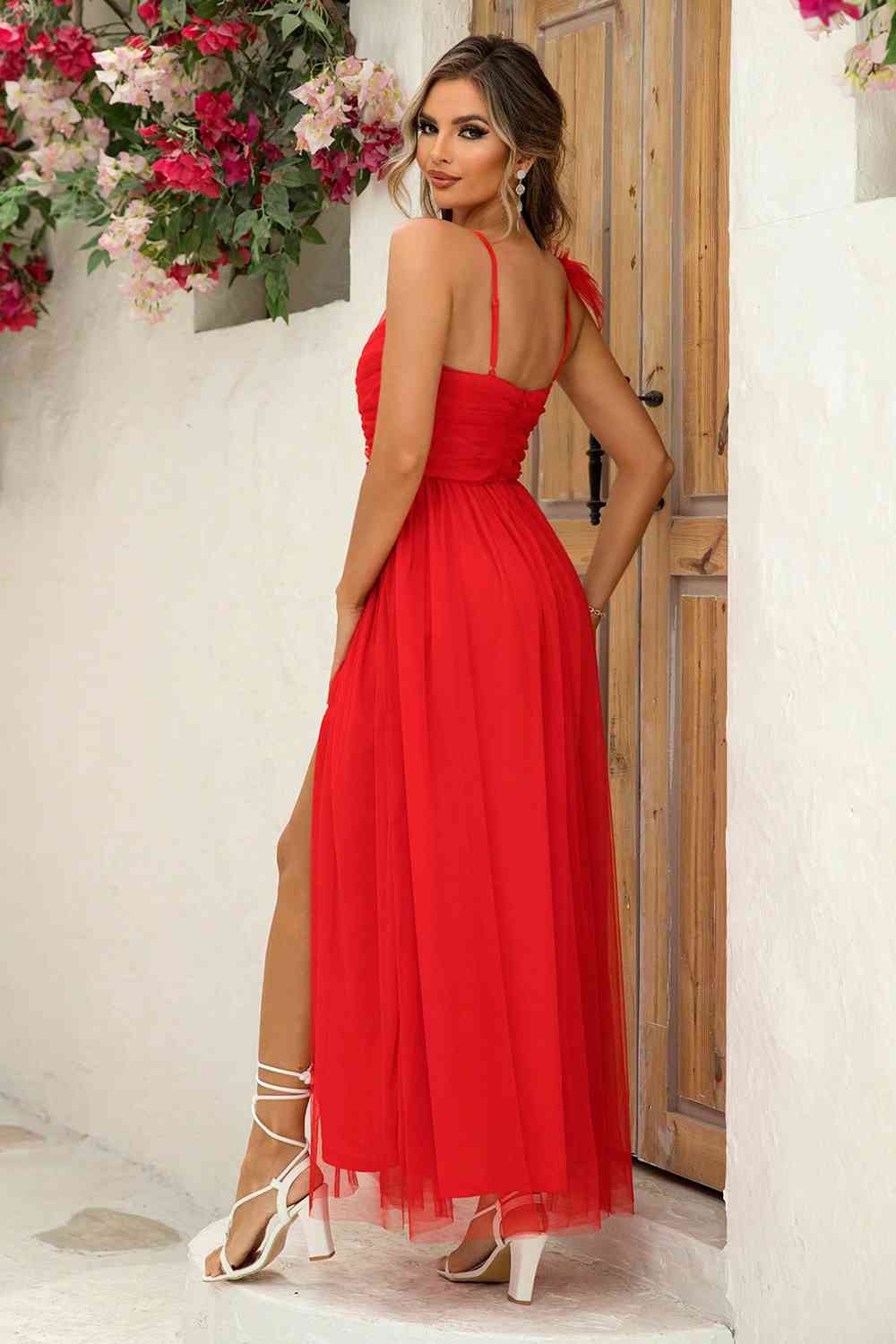 Unique - Asymmetrical Ruched Side-Slit Dress (7515501166680)