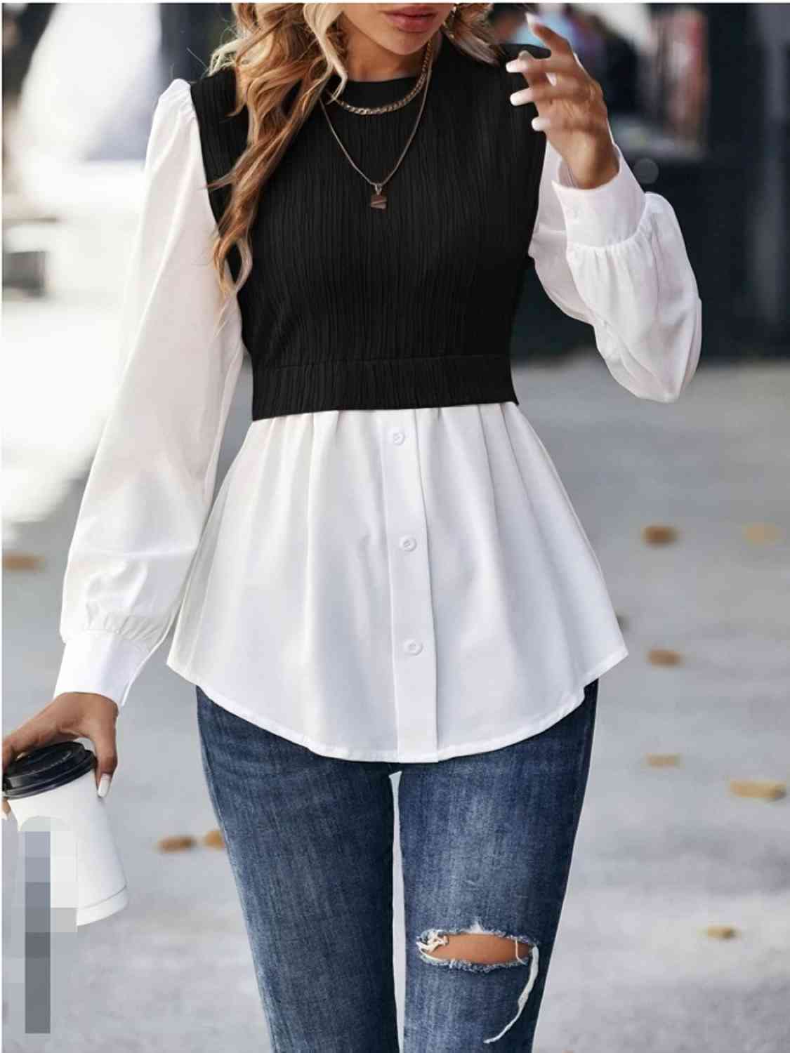 Blouse Like That - Contrast Round Neck Puff Sleeve Blouse (7501314064472)
