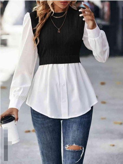 Blouse Like That - Contrast Round Neck Puff Sleeve Blouse (7501314064472)