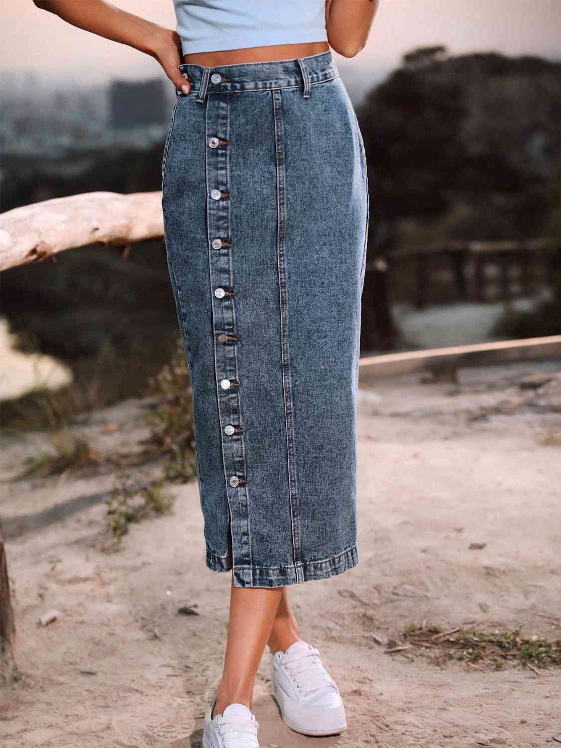 Denim - Button Down Denim Skirt (7486619025496)