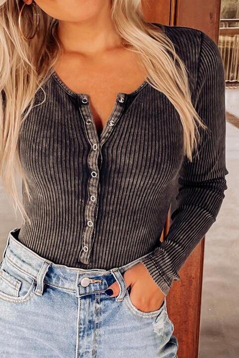 Mineral Wash Ribbed Snap Buttons Long Sleeve Bodysuit (7501313966168)