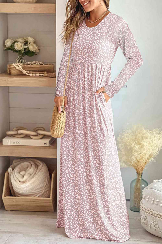 Leopard Round-Neck Long Sleeves Maxi Dress (7515536588888)