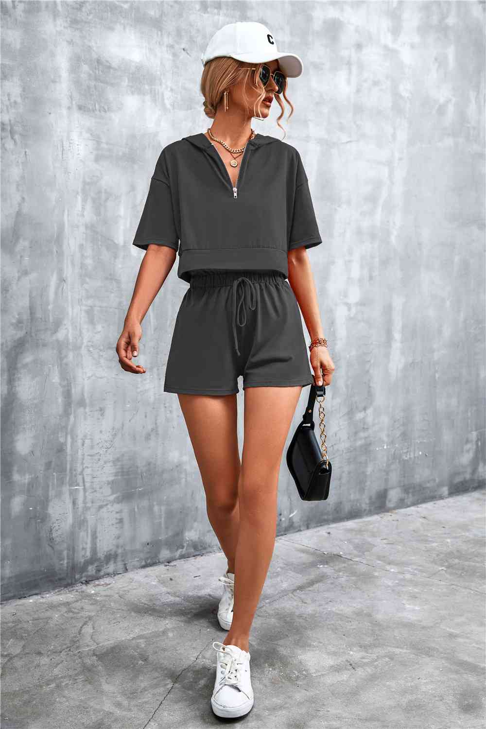 Half-Zip - Cropped Hooded T-Shirt and Shorts Set (7501483180120)