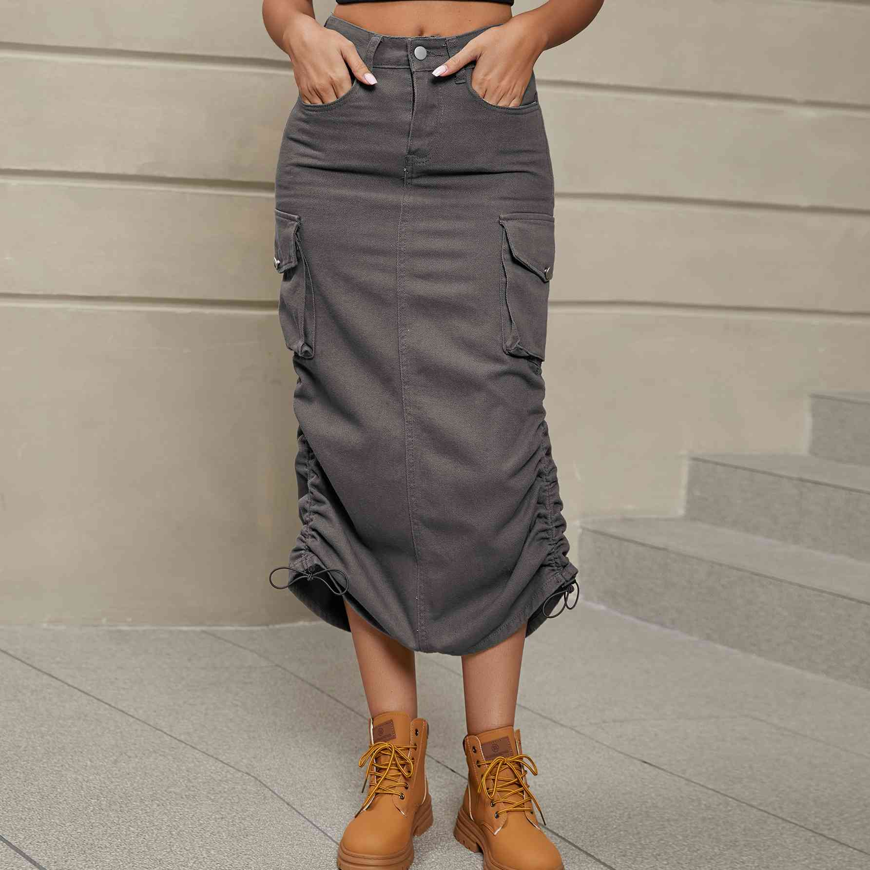 Ruch - Drawstring Ruched Slit Denim Midi Skirt (7500878020696)
