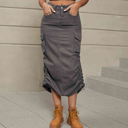 Ruch - Drawstring Ruched Slit Denim Midi Skirt (7500878020696)