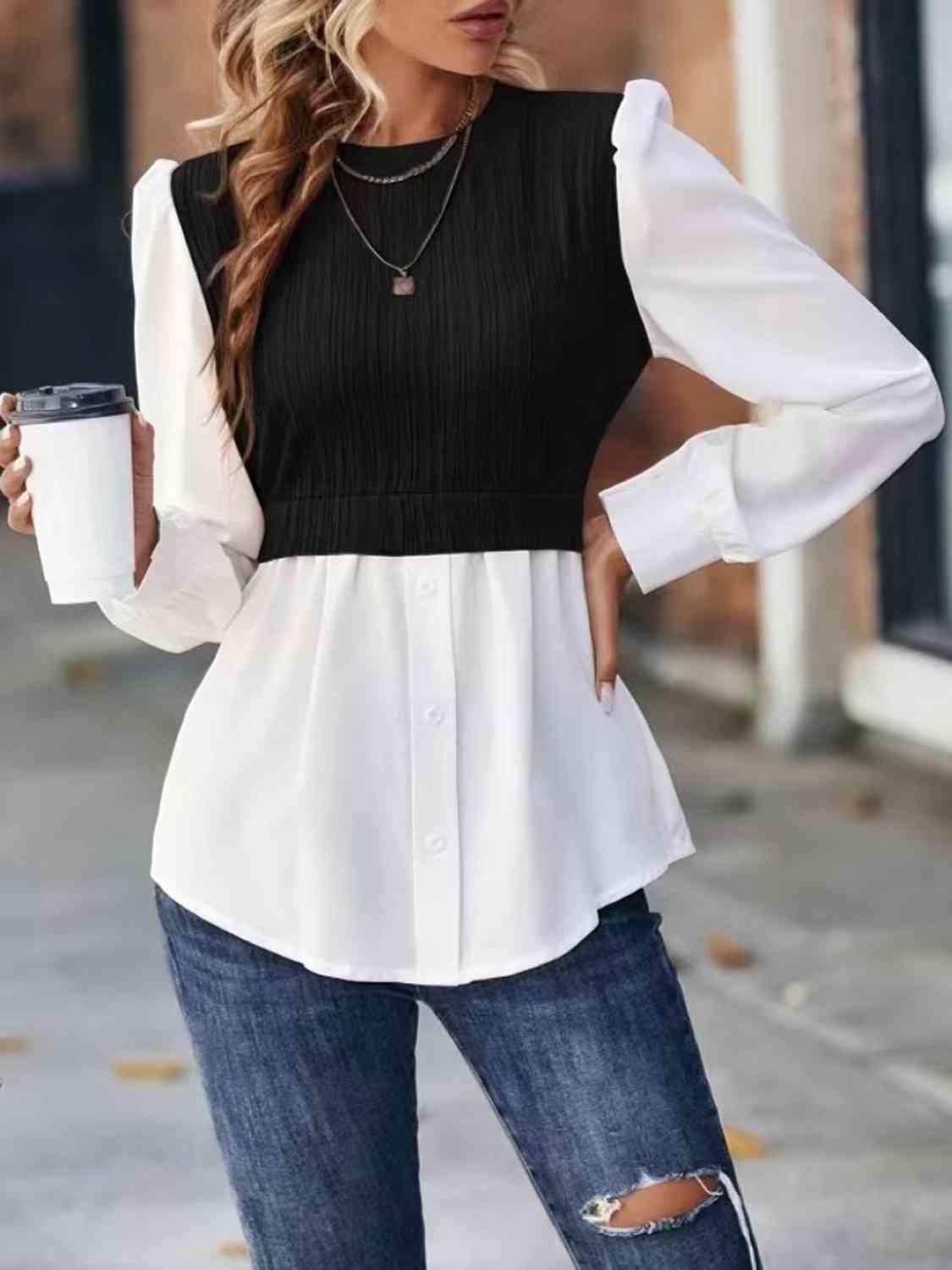 Blouse Like That - Contrast Round Neck Puff Sleeve Blouse (7501314064472)