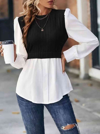 Blouse Like That - Contrast Round Neck Puff Sleeve Blouse (7501314064472)