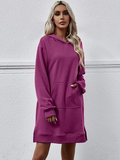 Long Long Sleeves - Slit Hooded Dress With Pocket (7505547559000)
