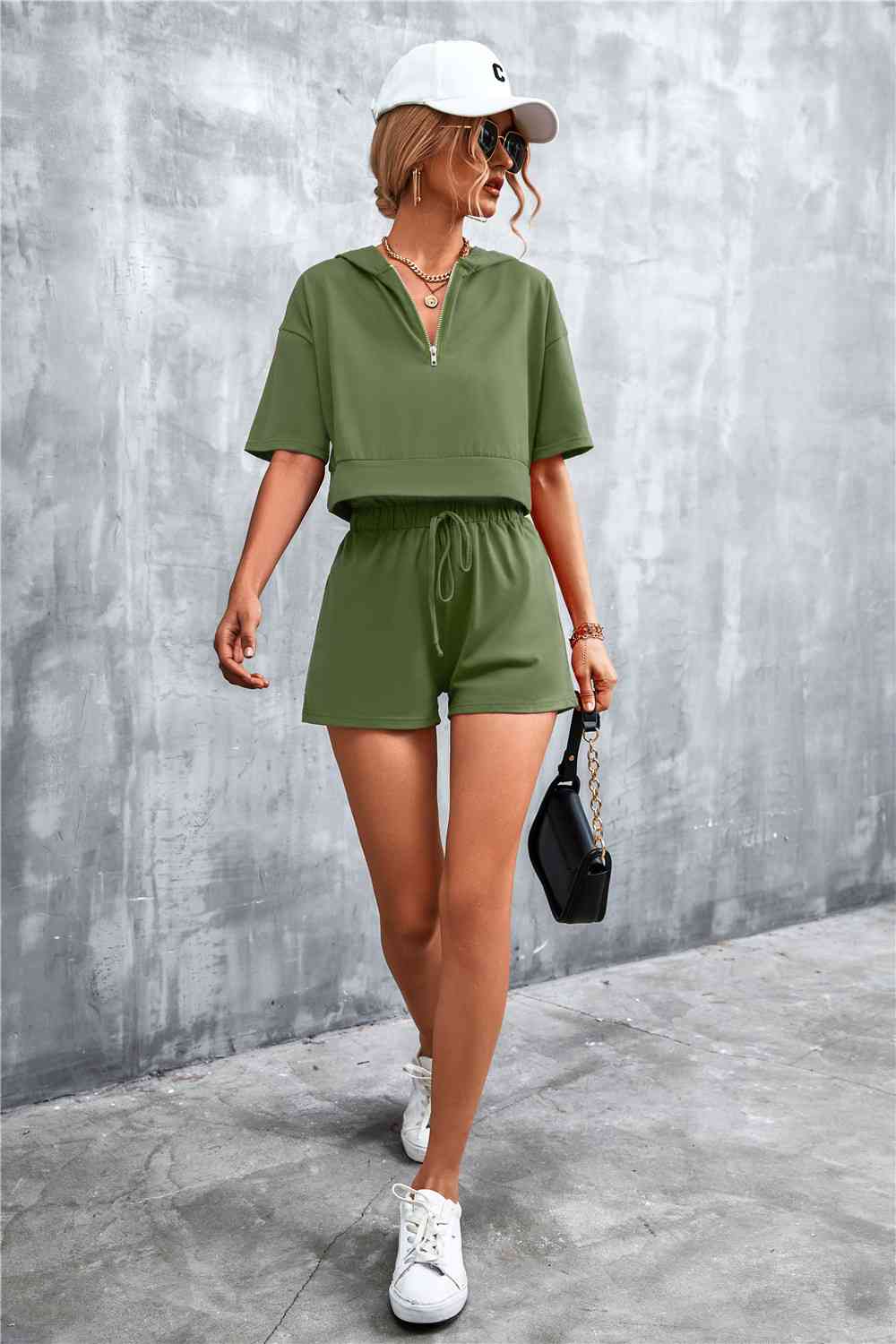 Half-Zip - Cropped Hooded T-Shirt and Shorts Set (7501483180120)