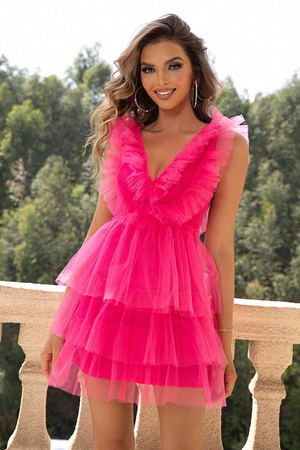 Sleeveless Ruffles Mesh Dress (7515677589592)