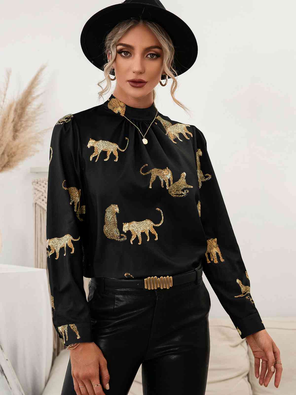 Leopard Graphics - Mock Neck Puff Sleeve Blouse (7501318488152)
