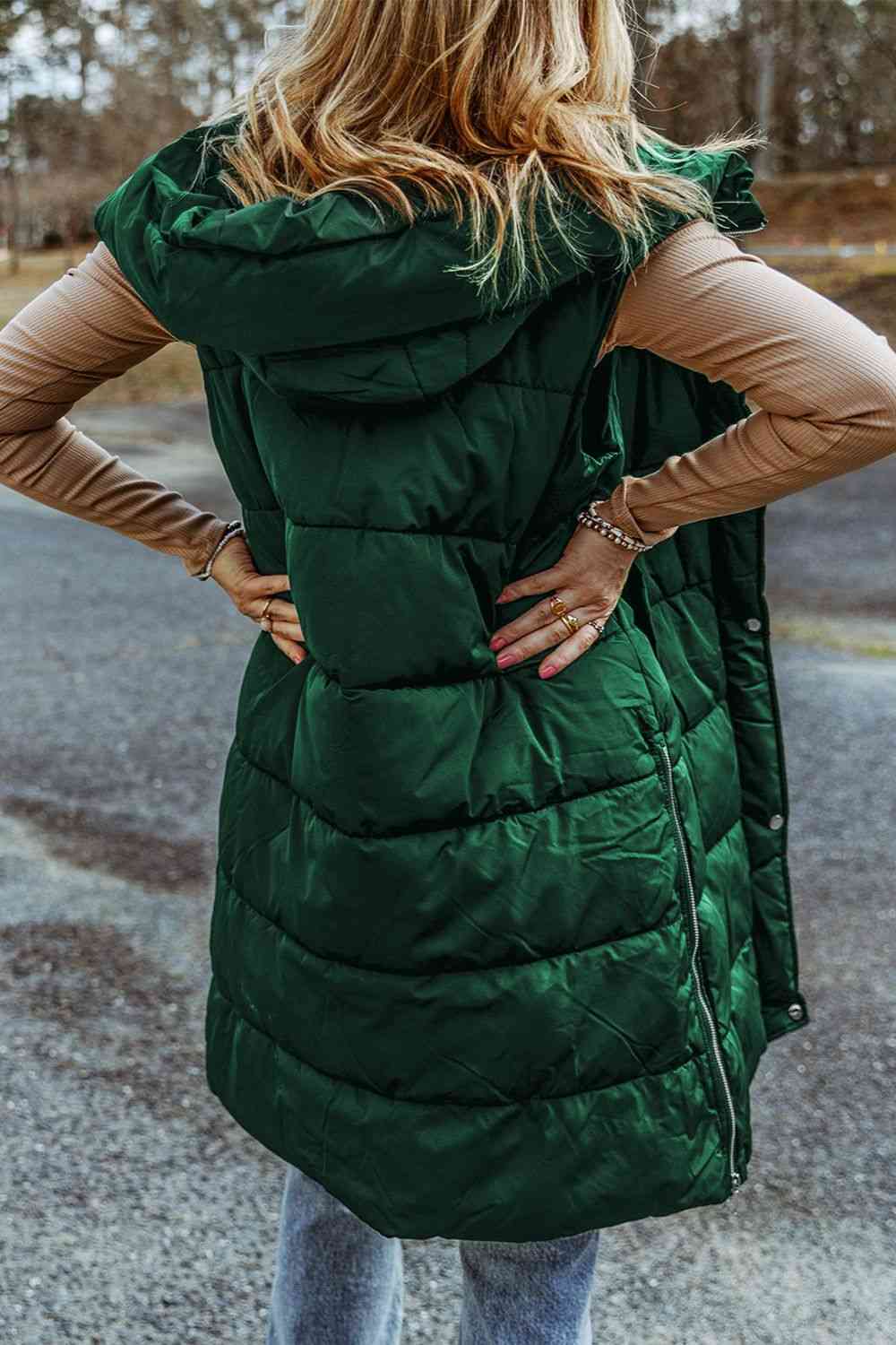 Longline Hooded Sleeveless Puffer Vest (7484291383384)