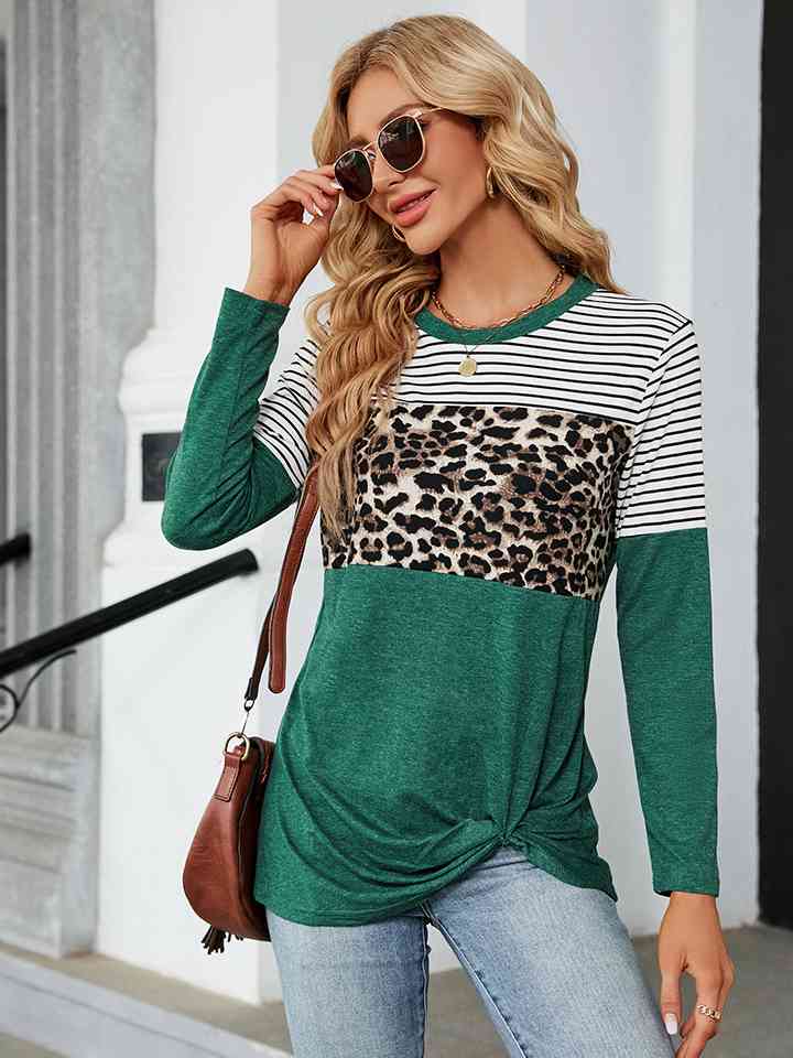 Leopardcheetahprint - Color Block Round Neck Long Sleeve Blouse (7501317439576)