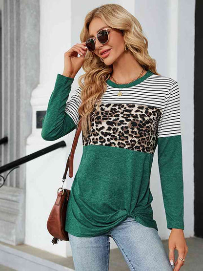 Leopardcheetahprint - Color Block Round Neck Long Sleeve Blouse (7501317439576)