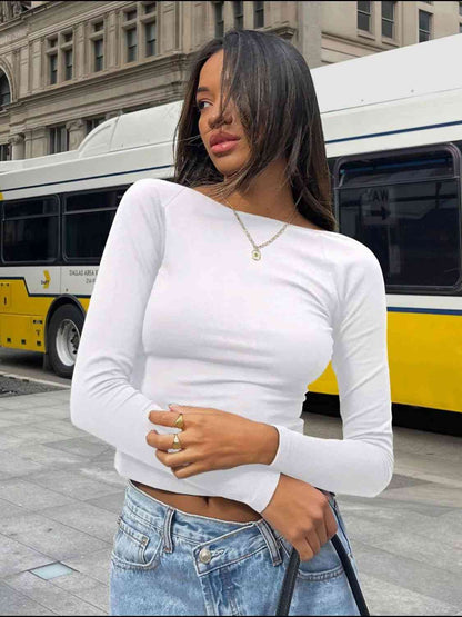 Love Basic - Backless Round Neck Long Sleeve Blouse (7501318553688)