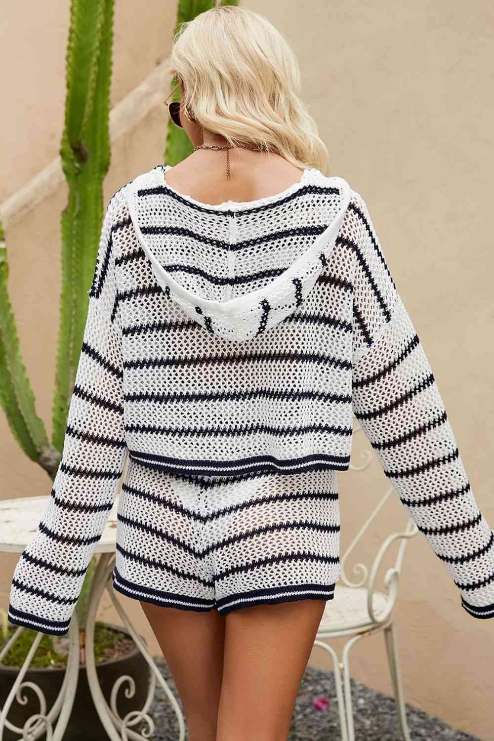 Striped Openwork - Knit Hoodie & Shorts Set (7501466599512)