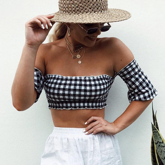 Off-Shoulder White-Black Square Plaid Tube Top (7518484070488)