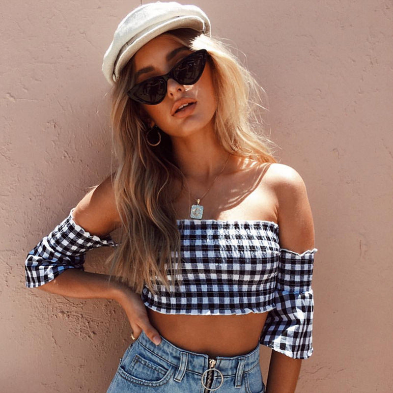 Off-Shoulder White-Black Square Plaid Tube Top (7518484070488)