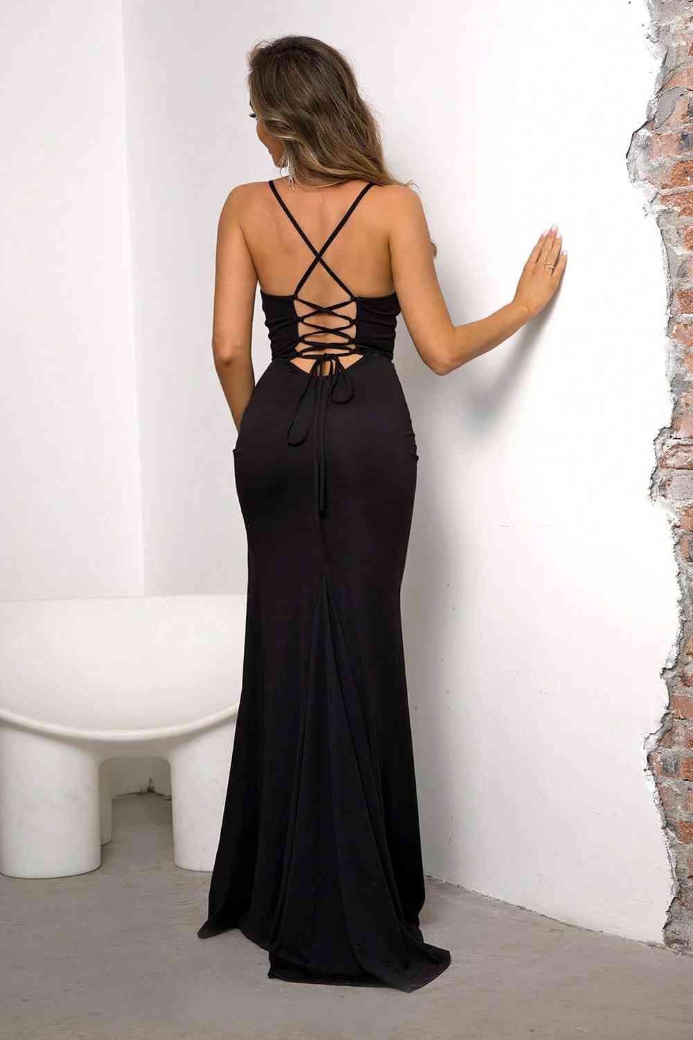 Spaghetti Strap Split - Lace-Up Dress (7515495727192)