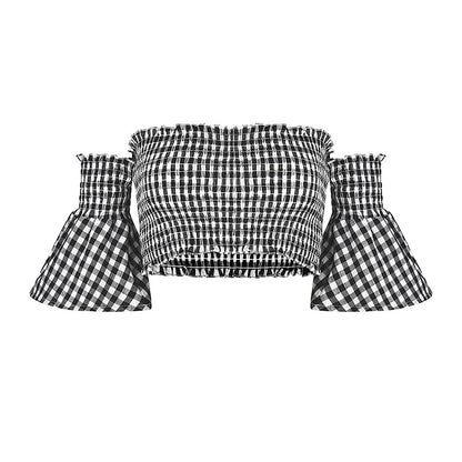 Off-Shoulder White-Black Square Plaid Tube Top (7518484070488)
