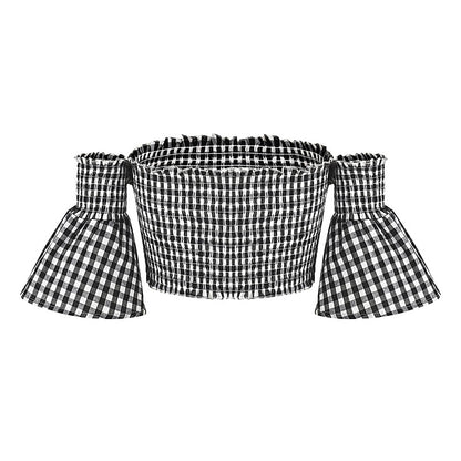 Off-Shoulder White-Black Square Plaid Tube Top (7518484070488)