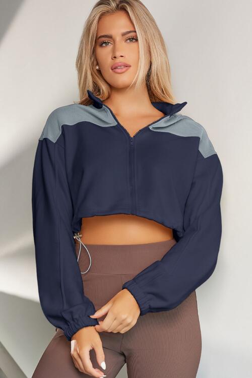 With Drawstrings - Contrast Drawstring Zip-Up Jacket (7484295970904)