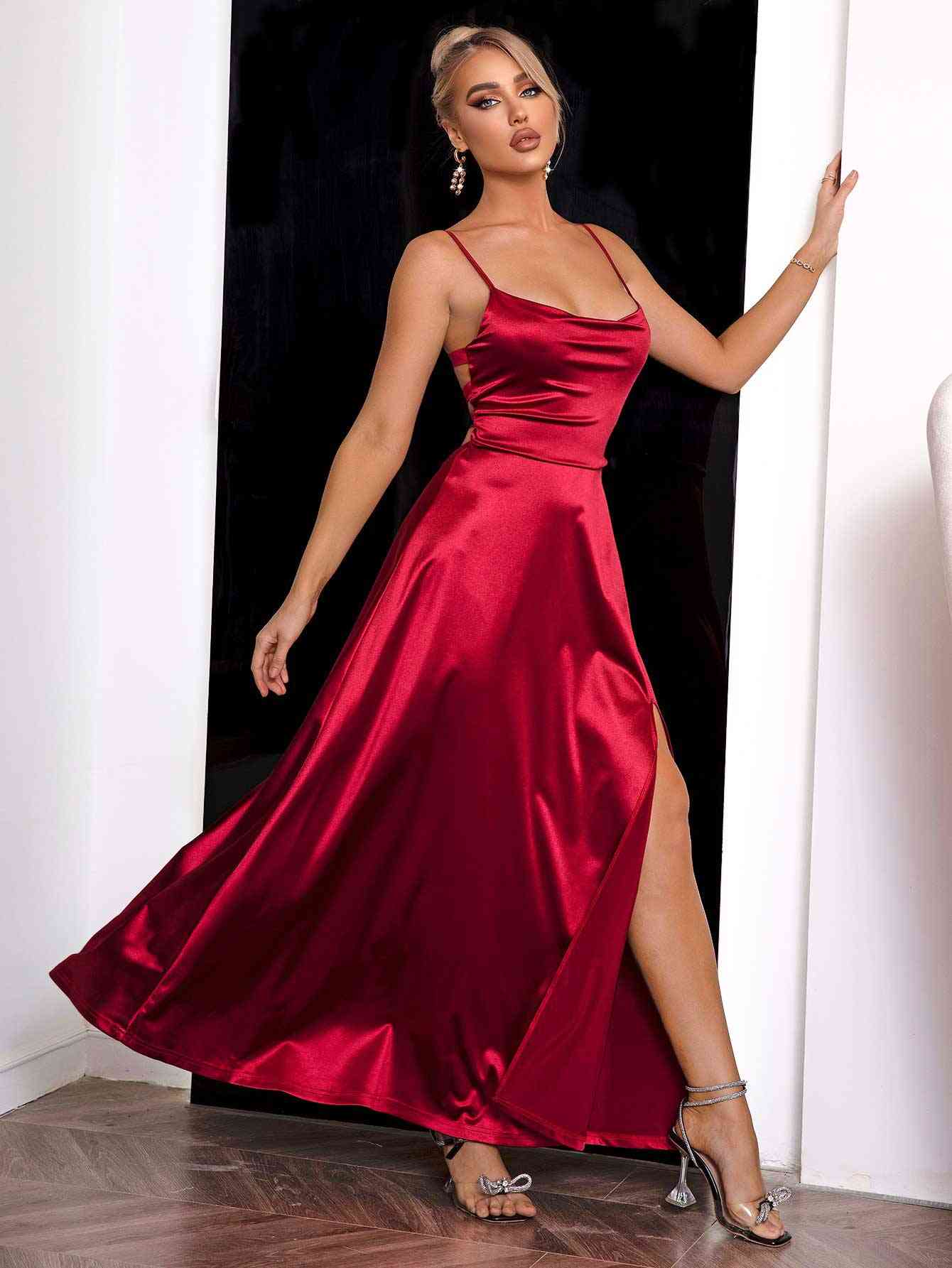Spaghetti Strap Lace-Up Back Split - Dress (7516398944344)