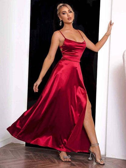 Spaghetti Strap Lace-Up Back Split - Dress (7516398944344)