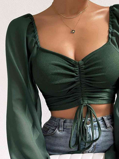 Ruched Blouse - Drawstring Sweetheart Neck Cropped Top (7501318914136)