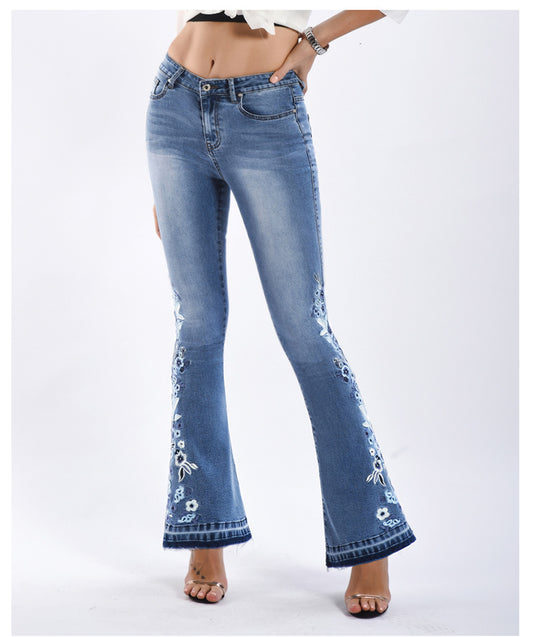 Women Denim Bell-Bottom Pants 3D Machine Embroidery Denim Women Autumn Denim Wide Leg Trousers Plus size (7525024563288)