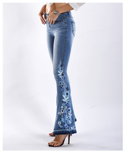 Women Denim Bell-Bottom Pants 3D Machine Embroidery Denim Women Autumn Denim Wide Leg Trousers Plus size (7525024563288)