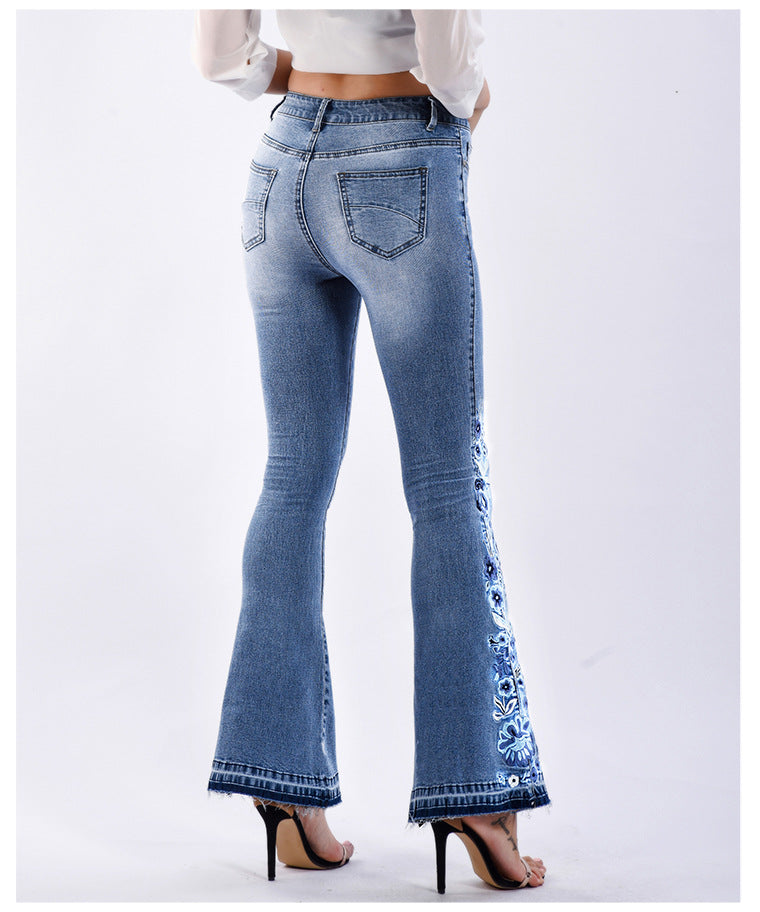 Women Denim Bell-Bottom Pants 3D Machine Embroidery Denim Women Autumn Denim Wide Leg Trousers Plus size (7525024563288)