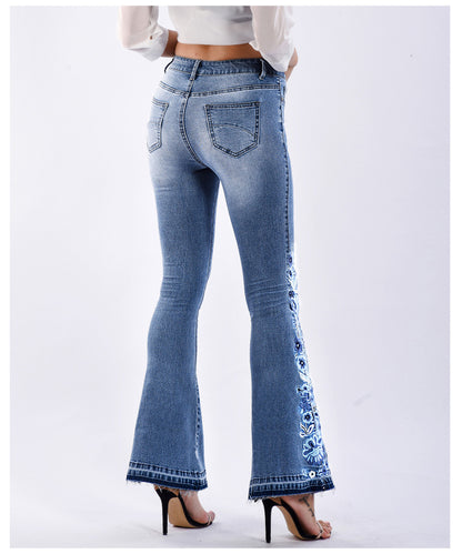 Women Denim Bell-Bottom Pants 3D Machine Embroidery Denim Women Autumn Denim Wide Leg Trousers Plus size (7525024563288)