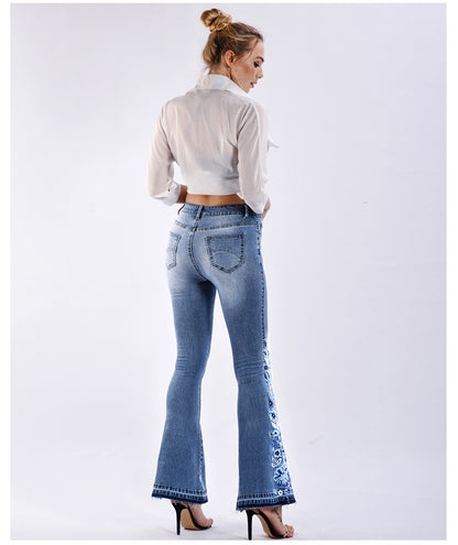 Women Denim Bell-Bottom Pants 3D Machine Embroidery Denim Women Autumn Denim Wide Leg Trousers Plus size (7525024563288)
