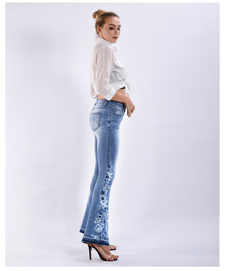 Women Denim Bell-Bottom Pants 3D Machine Embroidery Denim Women Autumn Denim Wide Leg Trousers Plus size (7525024563288)