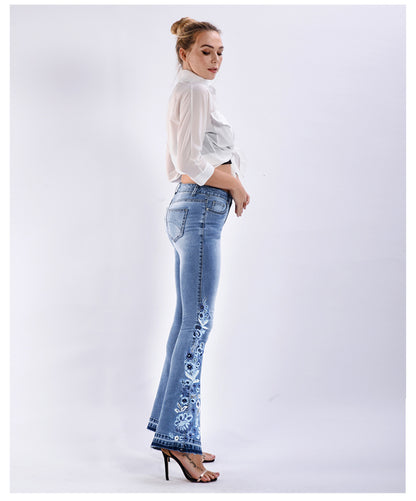 Women Denim Bell-Bottom Pants 3D Machine Embroidery Denim Women Autumn Denim Wide Leg Trousers Plus size (7525024563288)