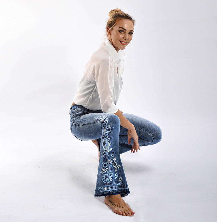 Women Denim Bell-Bottom Pants 3D Machine Embroidery Denim Women Autumn Denim Wide Leg Trousers Plus size (7525024563288)